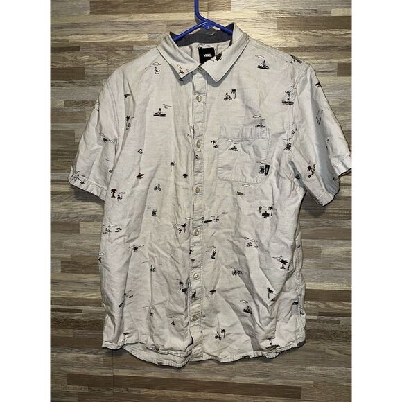 Vans Men L  Blue  Button Front Short  Sleeve Shirt Outdoor Beach Print Surfer #B - Picture 1 of 7